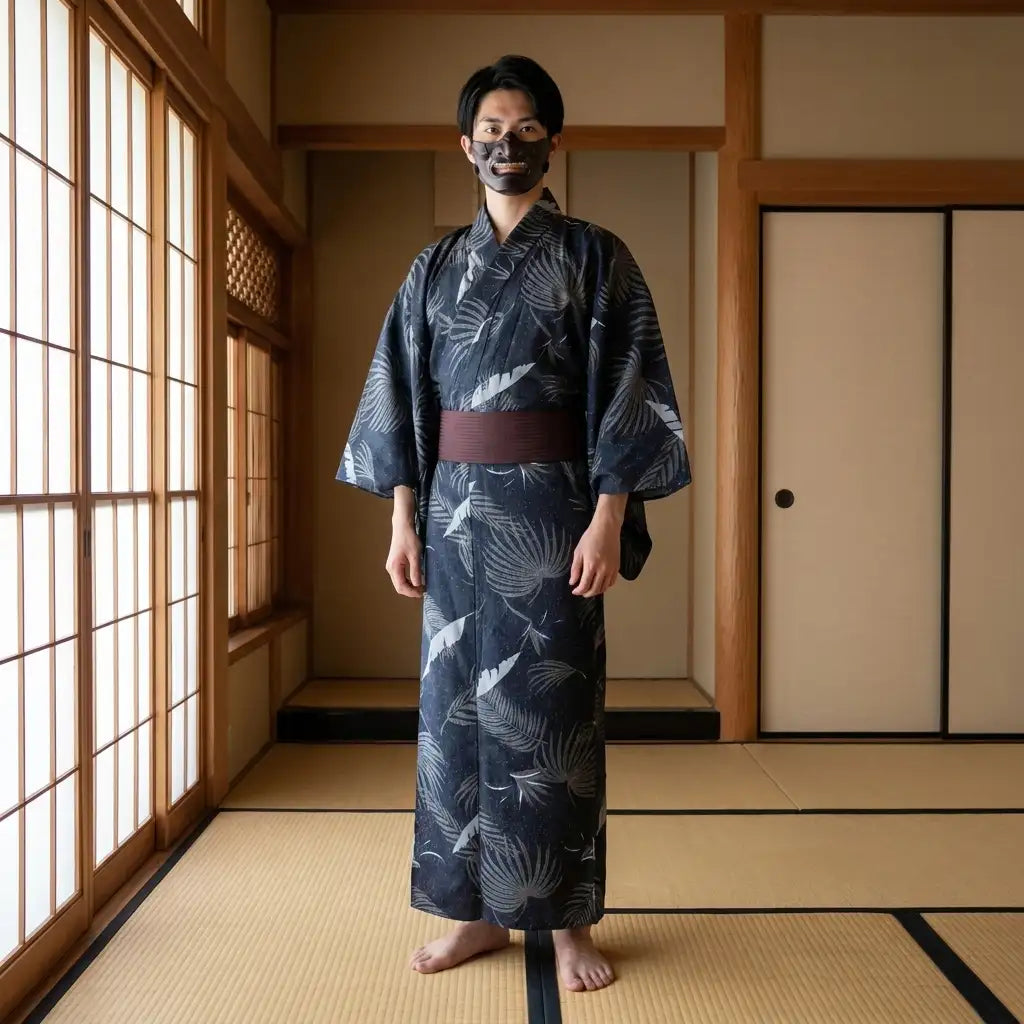 Kimono grue homme porté avec un pantalon sombre