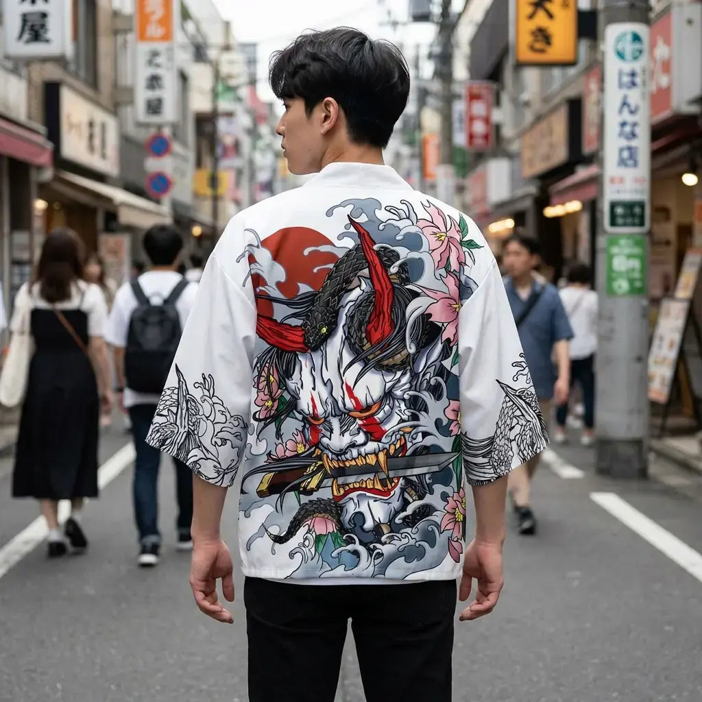 Kimono Hannya porté par un homme dans une pièce japonaise traditionnelle, vue de face