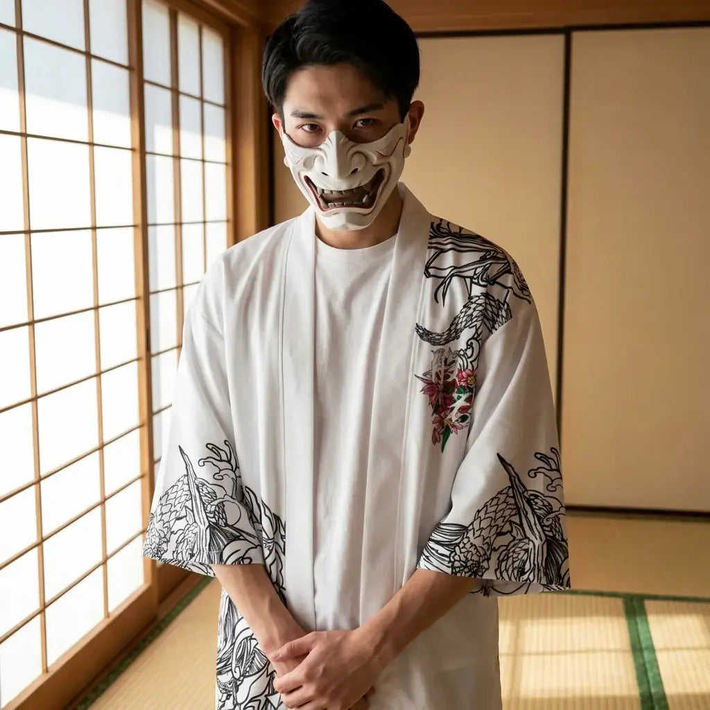 Kimono Hannya porté par un homme dans une pièce japonaise traditionnelle, vue de face