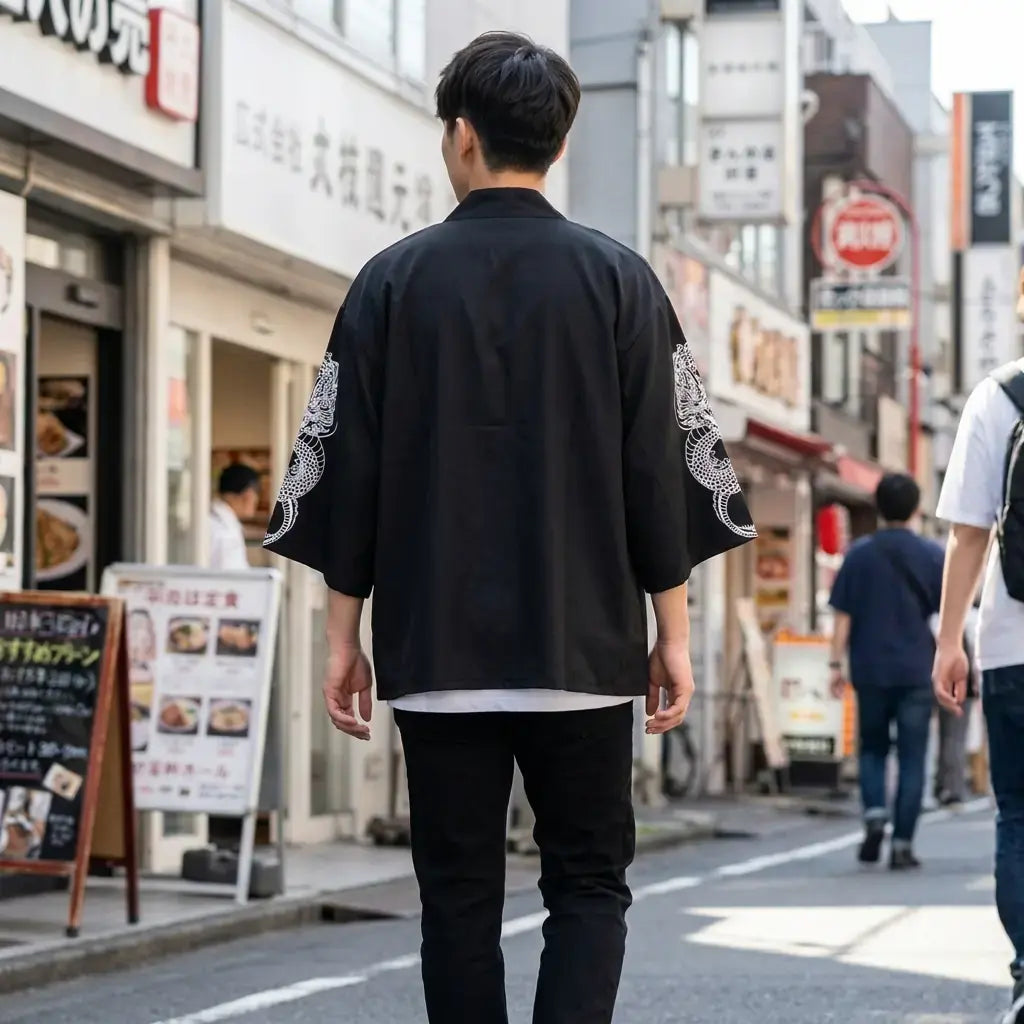Kimono Haori Homme porté par un homme dans une pièce japonaise traditionnelle, vue de face