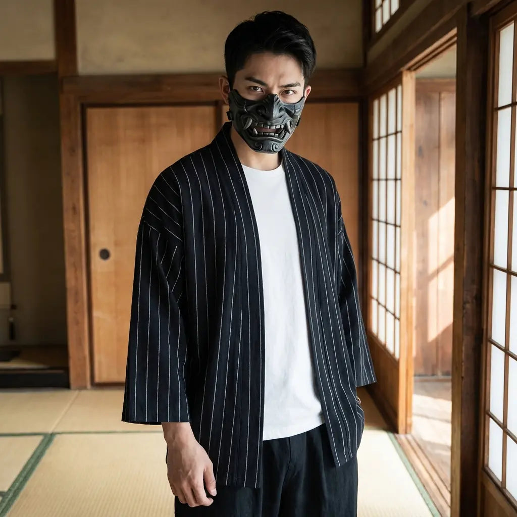 Homme portant le Kimono Haori de Shi Mizu dans un intérieur japonais traditionnel
