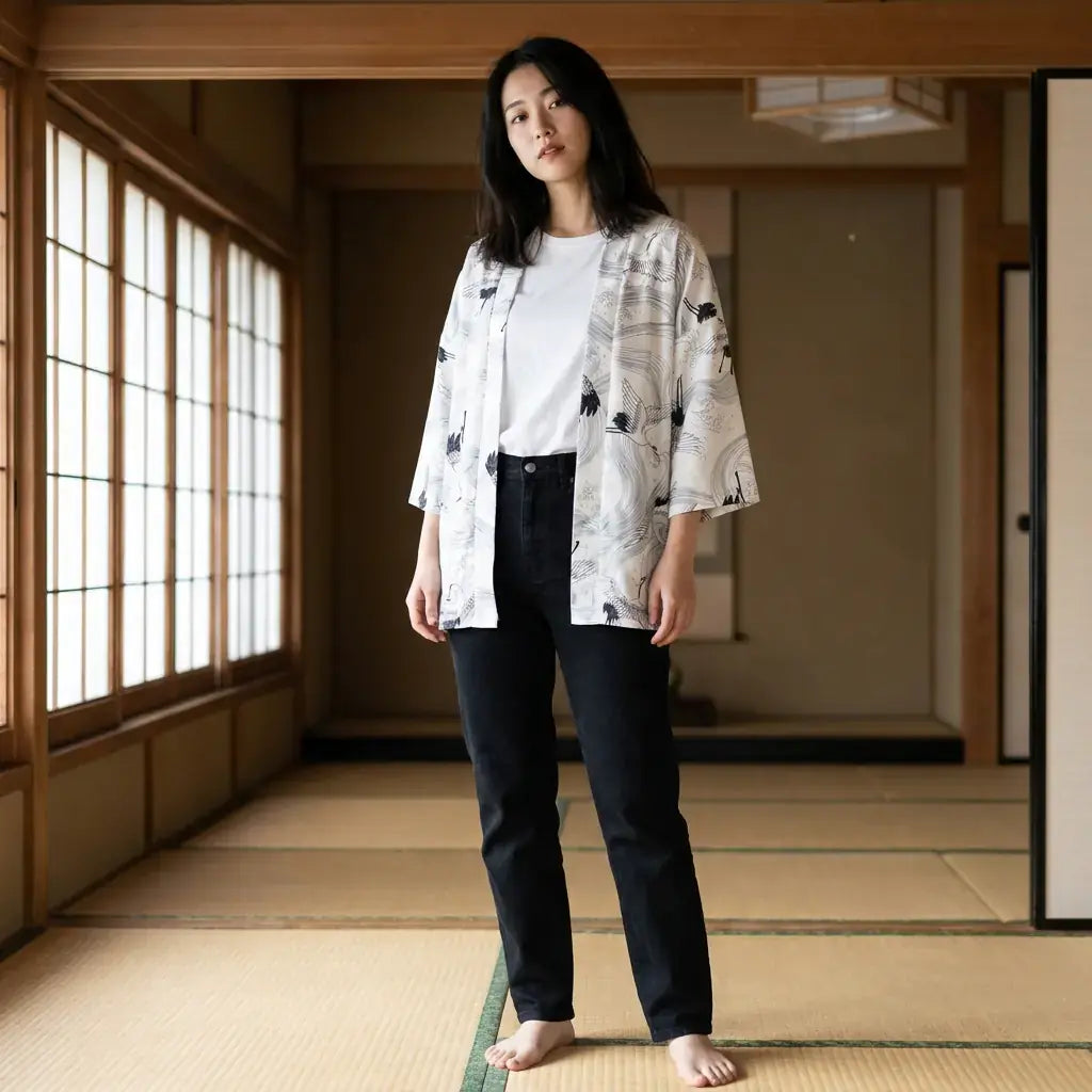 Veste Effet Kimono porté par une femme dans une pièce japonaise traditionnelle