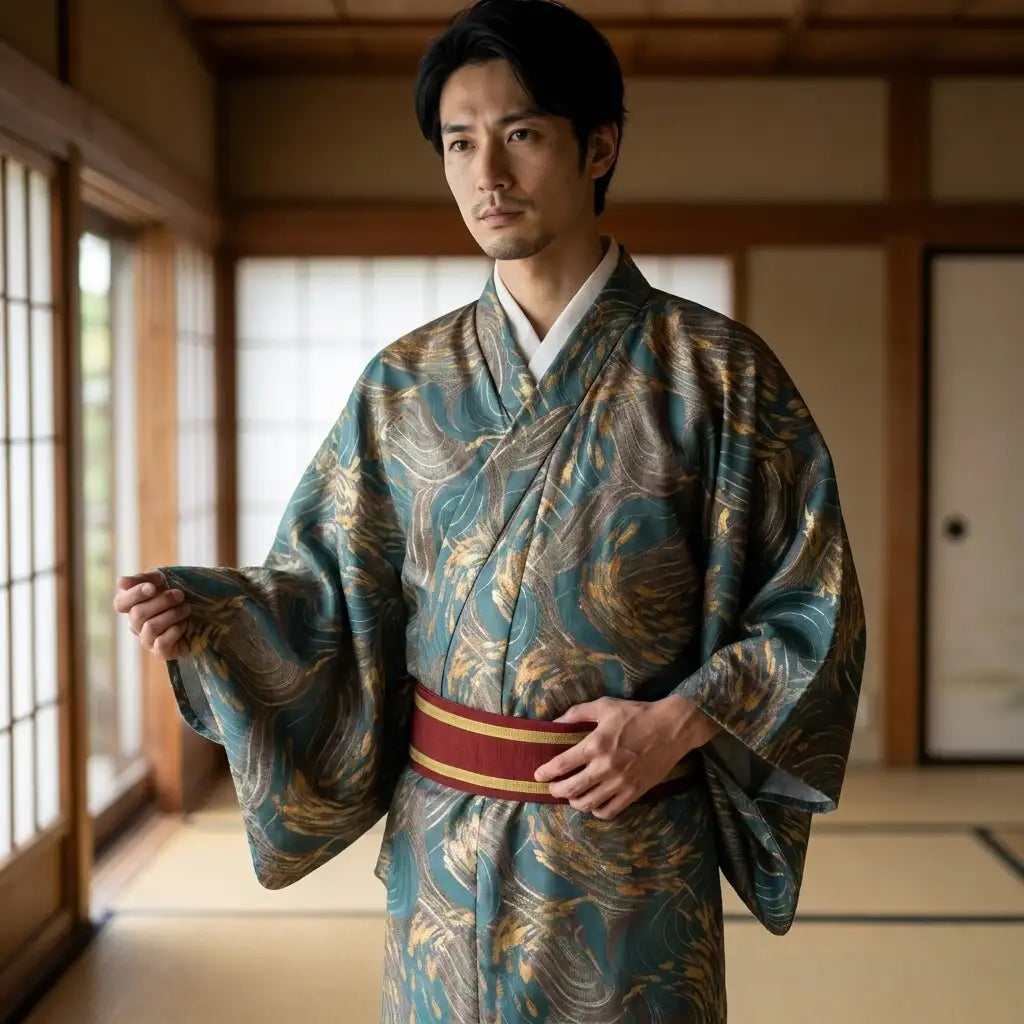 Kimono homme doré porté avec ceinture obi