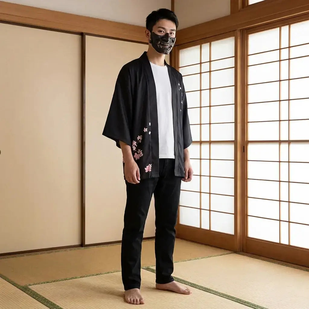 Kimono Fleuri porté par un homme dans une piÚce japonaise traditionnelle, vue de face