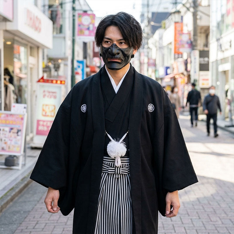 Ensemble kimono homme noir avec hakama vu de dos