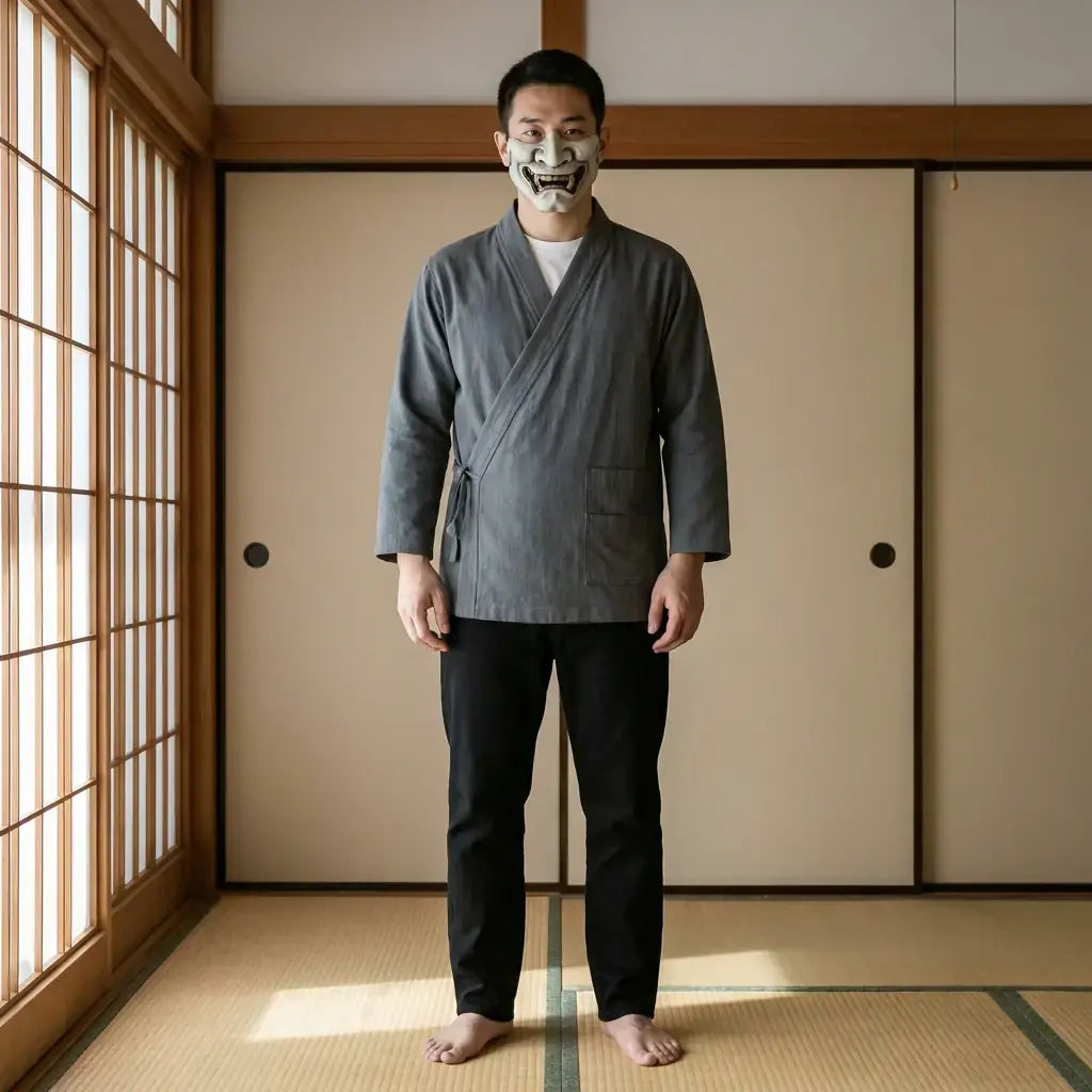 Vêtement Traditionnel Japonais porté par un homme dans une pièce japonaise traditionnelle, vue de face