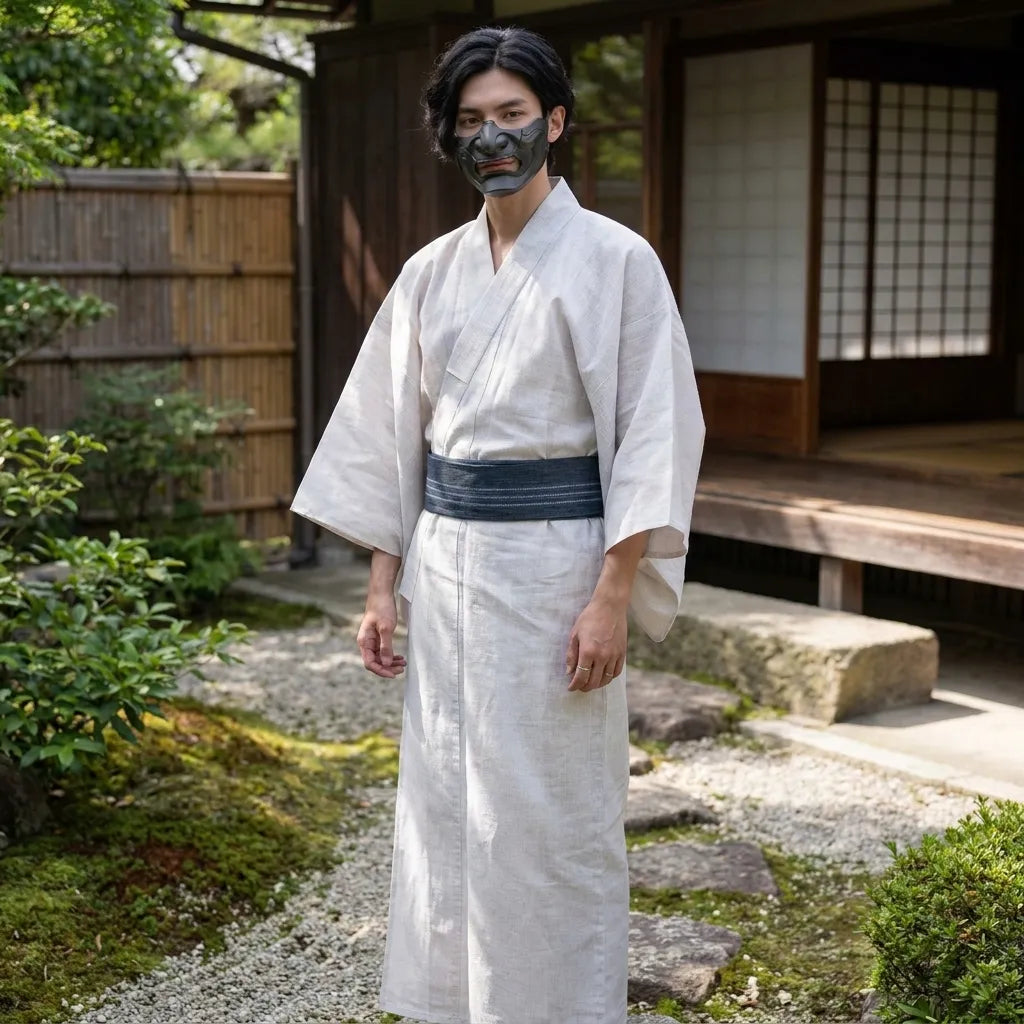Kimono blanc homme porté de face, style japonais traditionnel