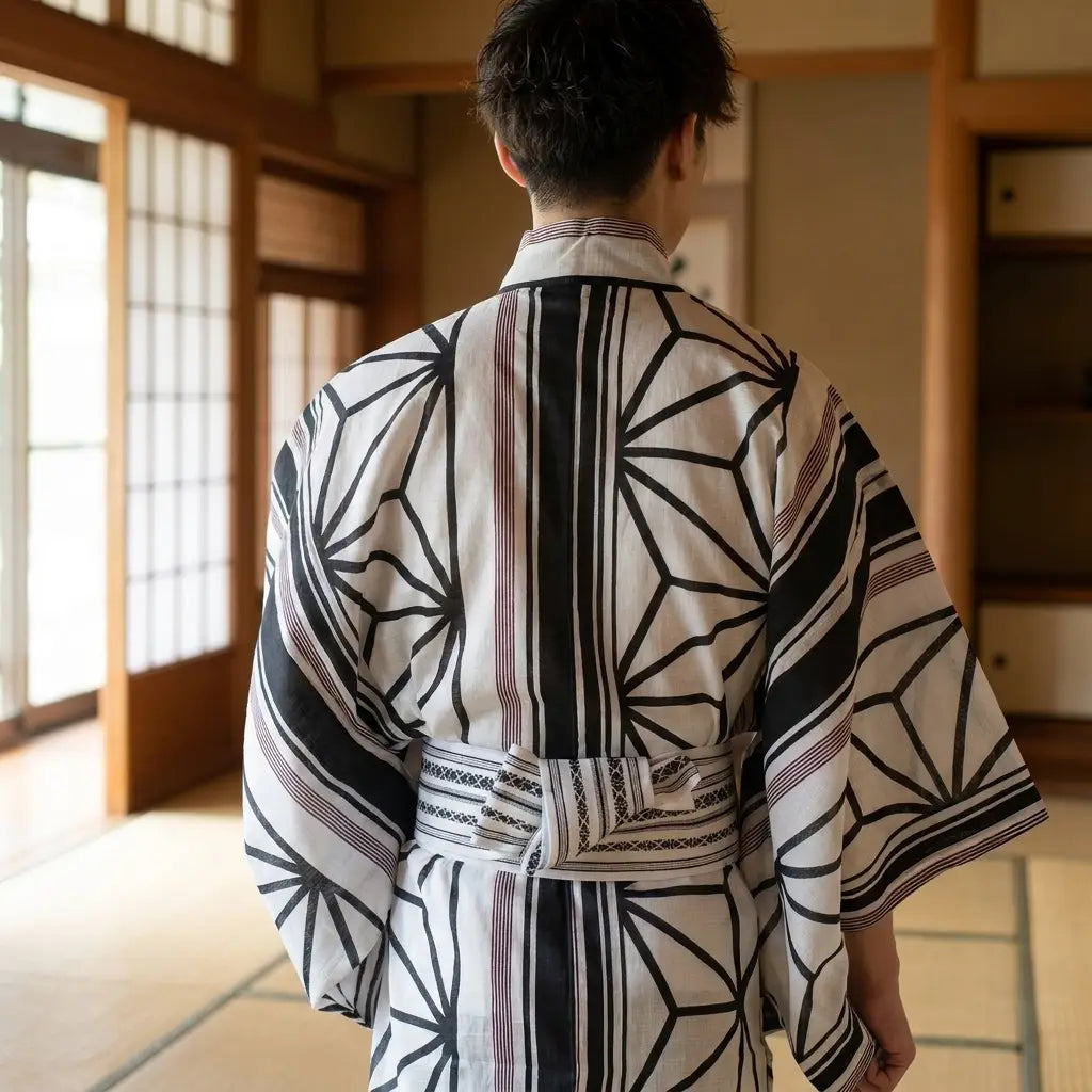 Kimono homme japonais vue de dos avec symboles