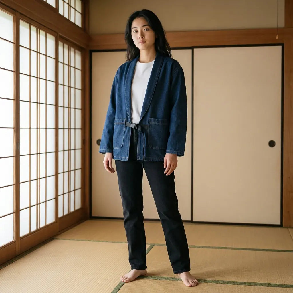 Femme portant un haori bleu dans une pièce washitsu avec tatami et cloisons shoji