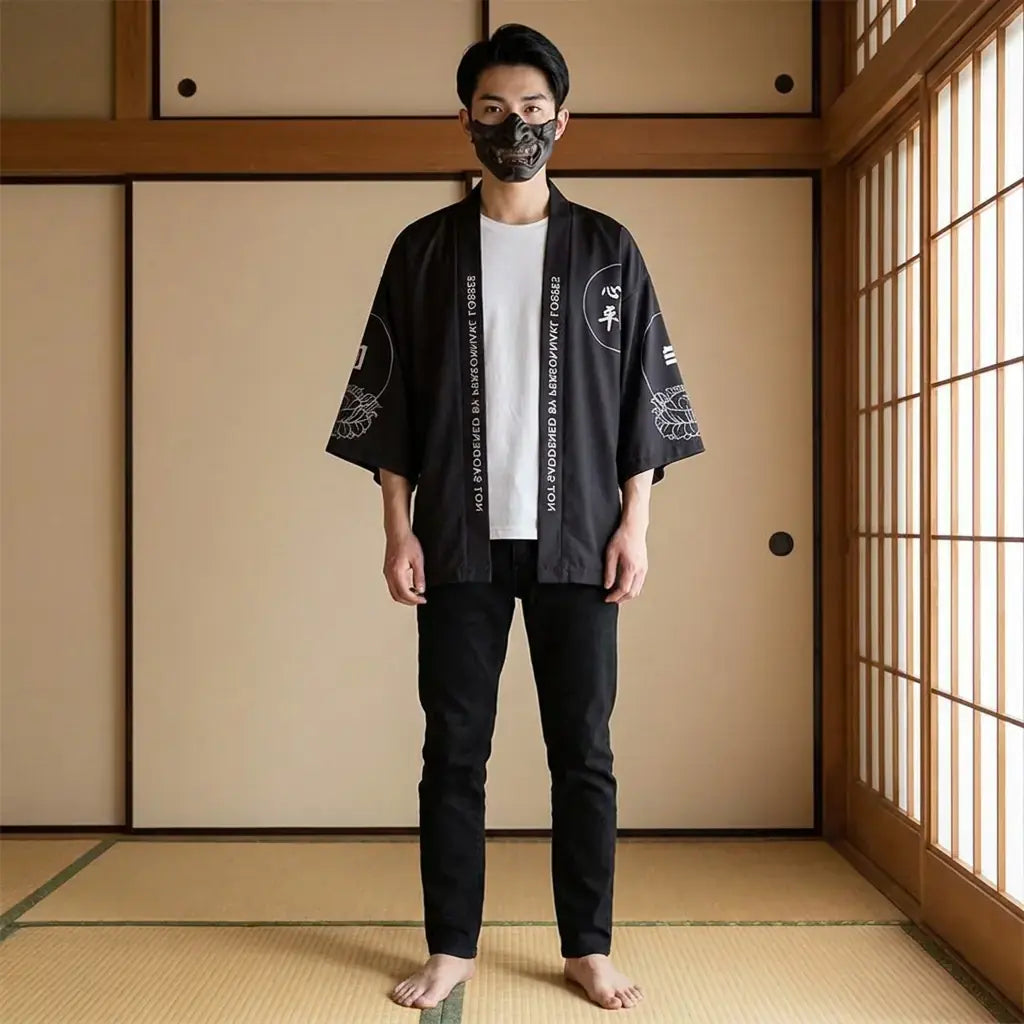 Kimono japonais Kyoto porté par un homme dans une pièce japonaise traditionnelle, vue de face
