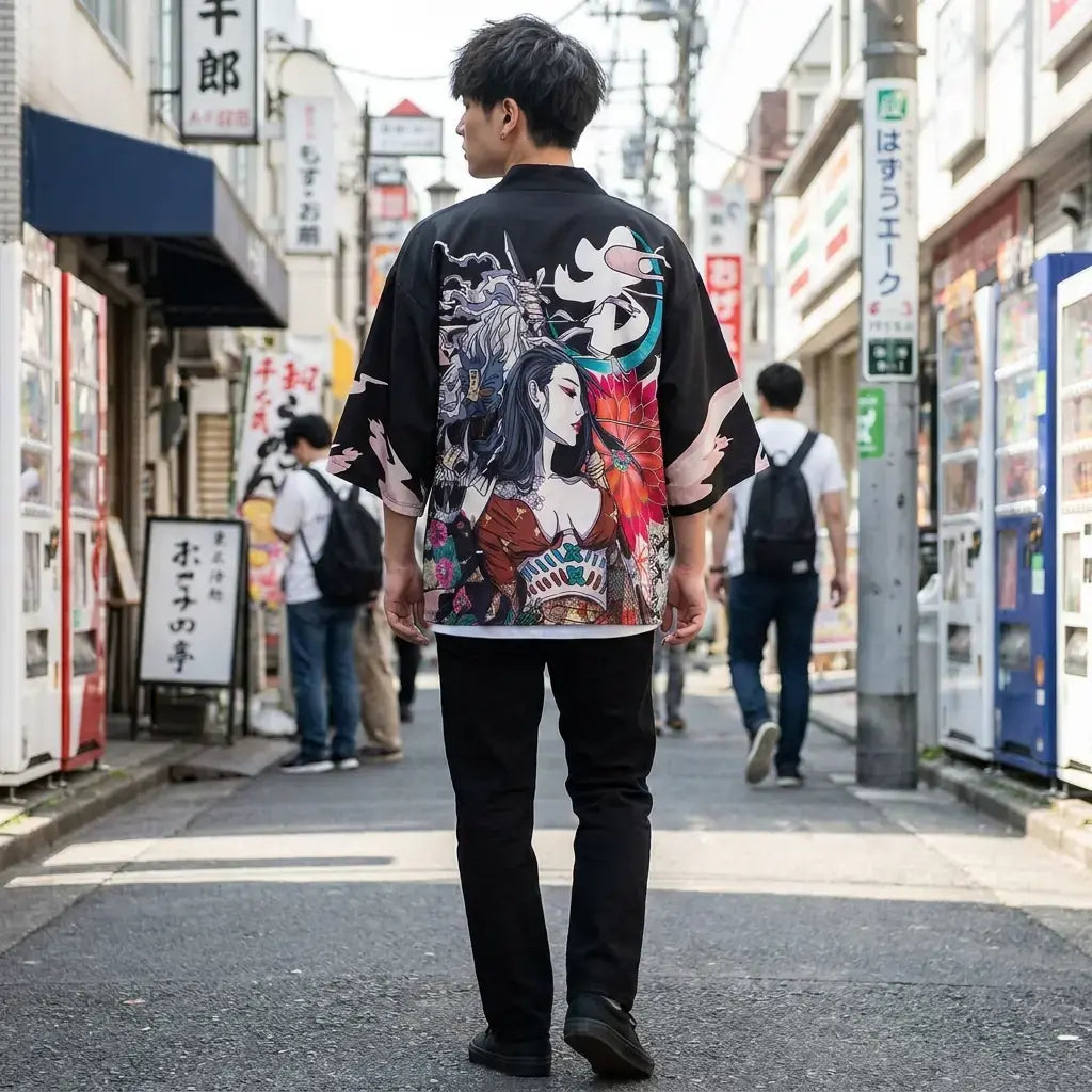 Kimono Manga porté par un homme dans une pièce japonaise traditionnelle, vue de face