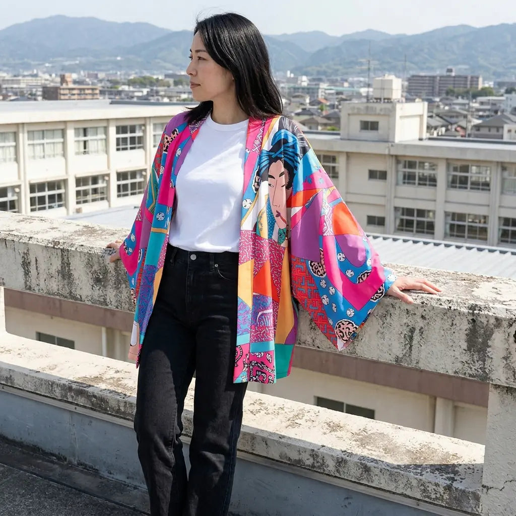 Kimono pop art photographié sur un toit avec les collines en arrière-plan