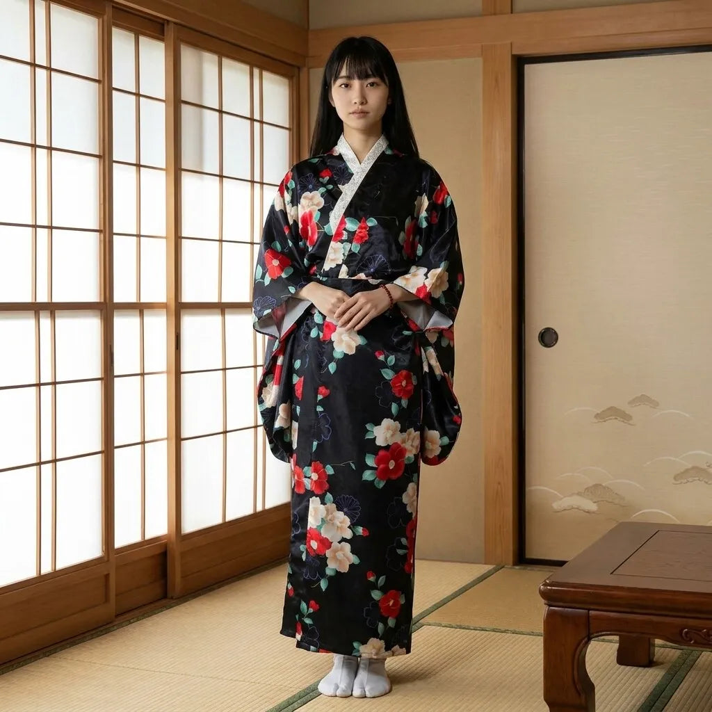 Kimono femme noir à motif camélia porté ouvert sur une tenue sombre