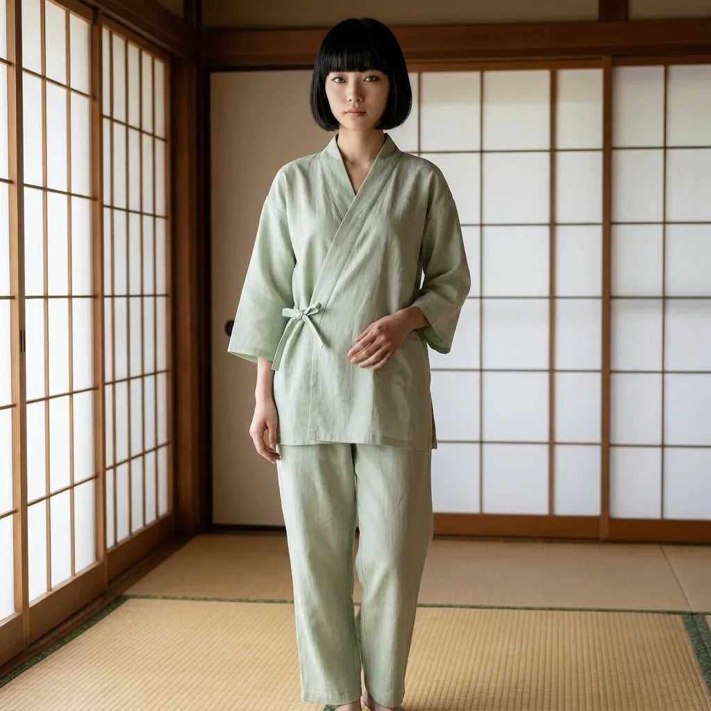 Ensemble kimono pyjama femme vert sauge porté comme tenue d'intérieur décontractée
