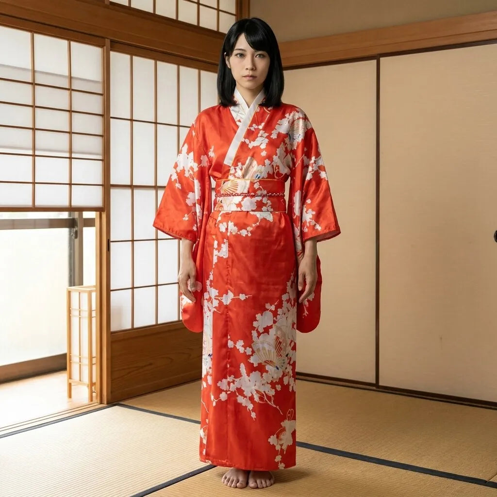 Robe kimono rouge à imprimé d'éventails sensu portée croisée