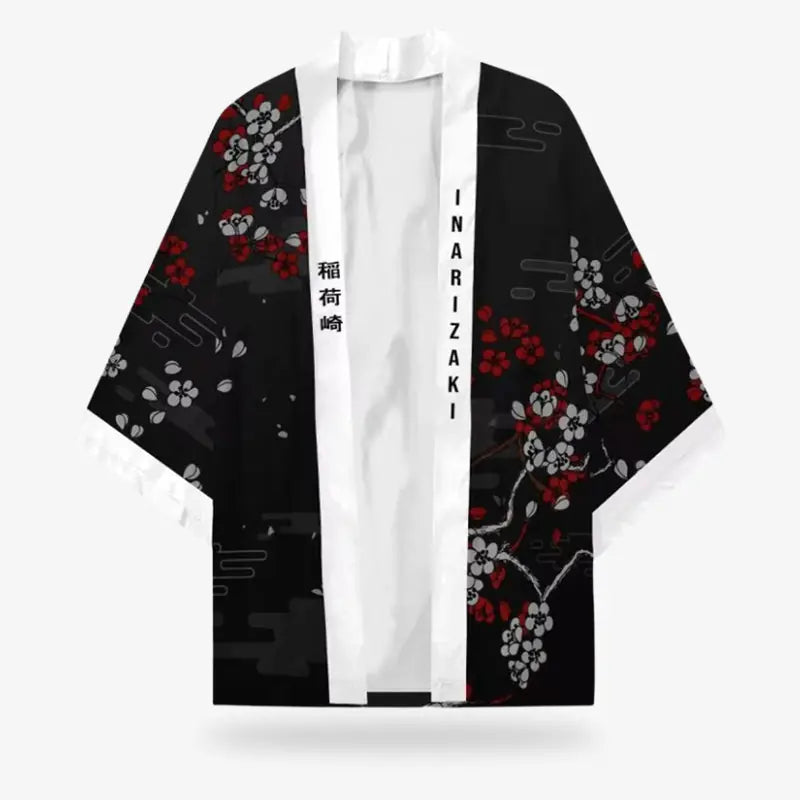 Kimono sakura fleurs de cerisier, col ouvert vu de face