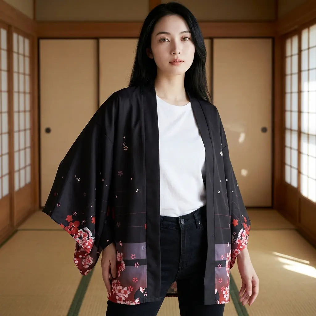 Kimono sanctuaire kitsune pour femme porté ouvert, vu de face dans une pièce tatami.