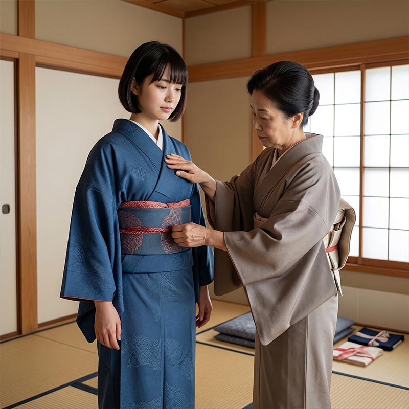 Une femme est habillé avec un kimono japonais par une seconde femme dans une pièce japonaise traditionnelle