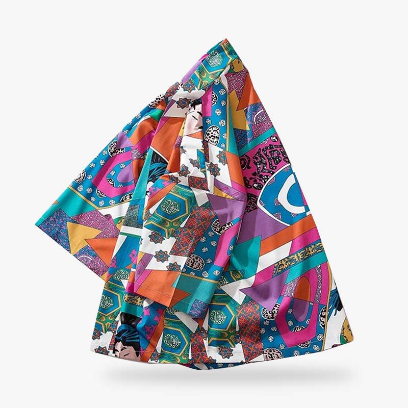 Détail du motif géométrique et de l'art ukiyo-e sur une veste kimono japonaise