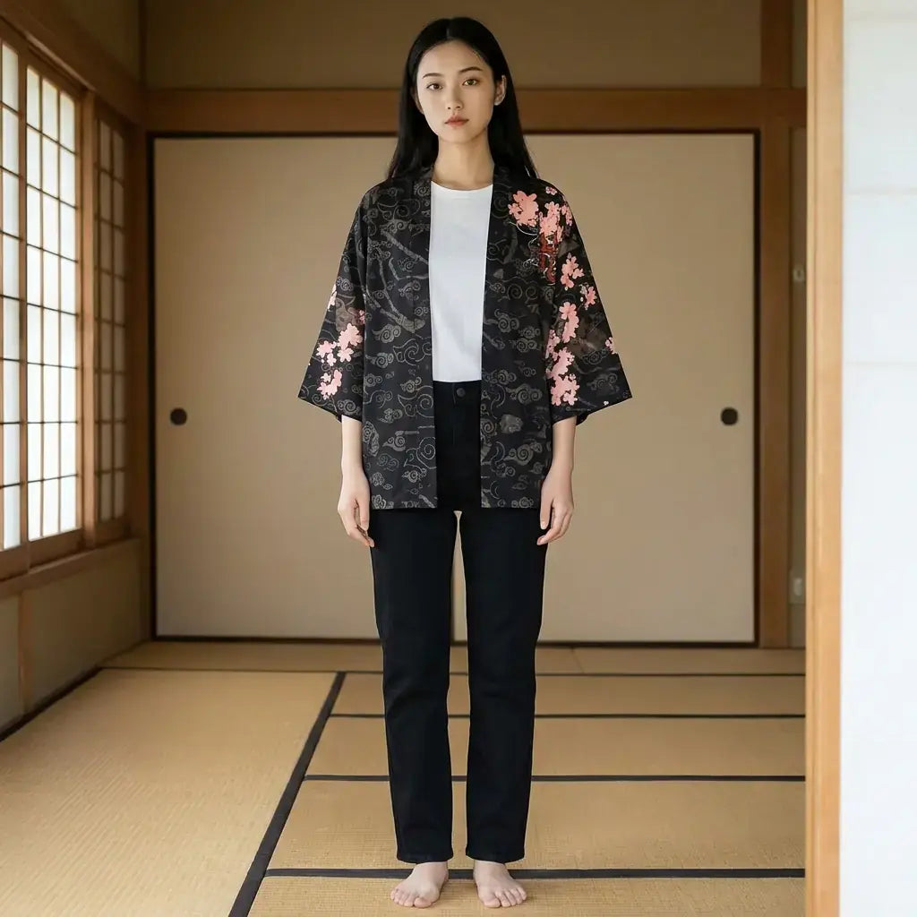 Kimono Dragon Homme porté par une femme dans une piÚce japonaise traditionnelle