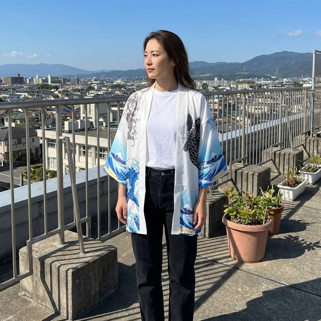 Kimono coverup vague de Kanagawa sur une terrasse avec des plantes en pot