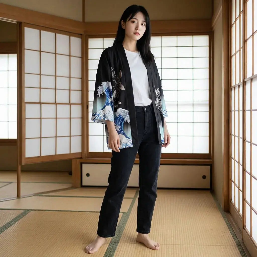 Kimono Veste Homme porté par une femme dans une pièce japonaise traditionnelle