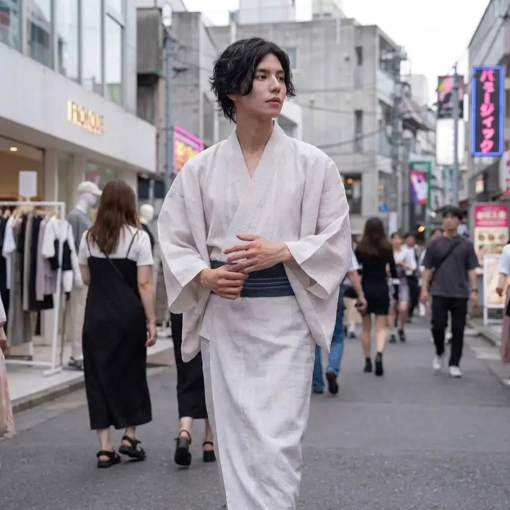 Kimono yukata blanc homme porté en extérieur