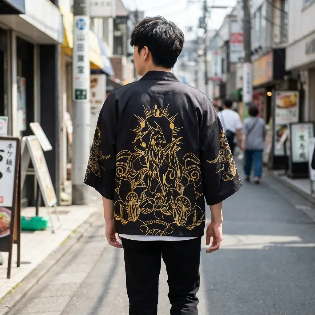 Kitsune Kimono porté par un homme dans une pièce japonaise traditionnelle, vue de face