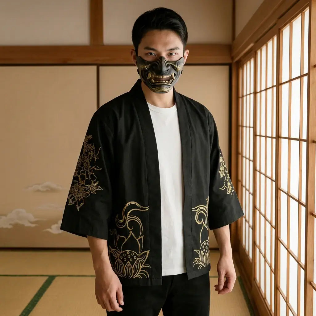 Kitsune Kimono porté par un homme dans une pièce japonaise traditionnelle, vue de face