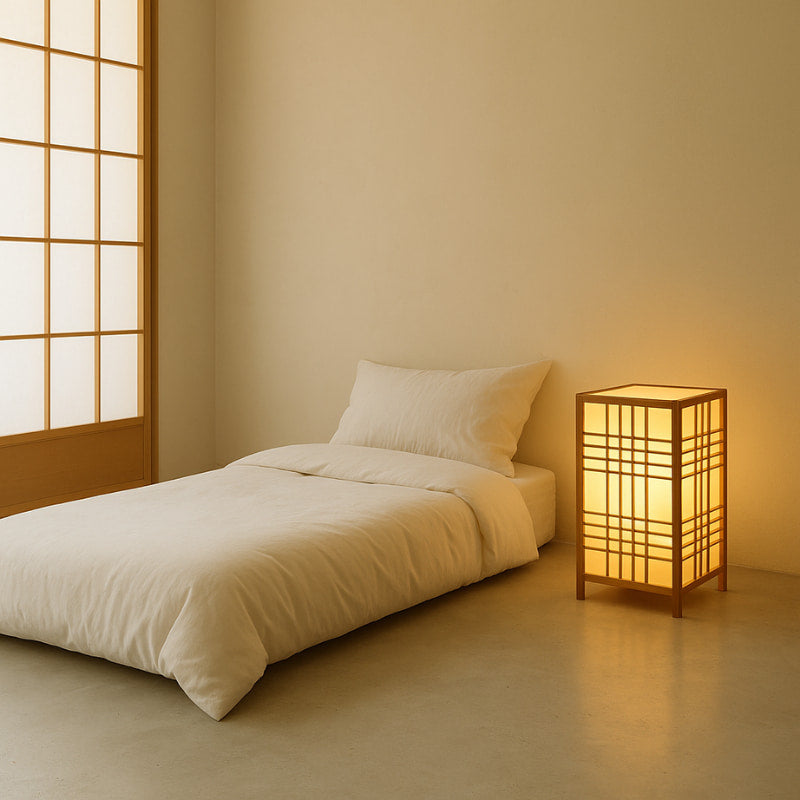 Chambre minimaliste avec un lit et une lampe japonaise sur pied diffusant une lueur chaleureuse