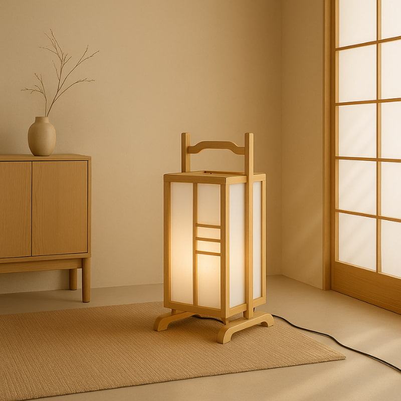 Lampe japonaise en bois avec abat-jour blanc dans une pièce avec un meuble en bois et une fenêtre