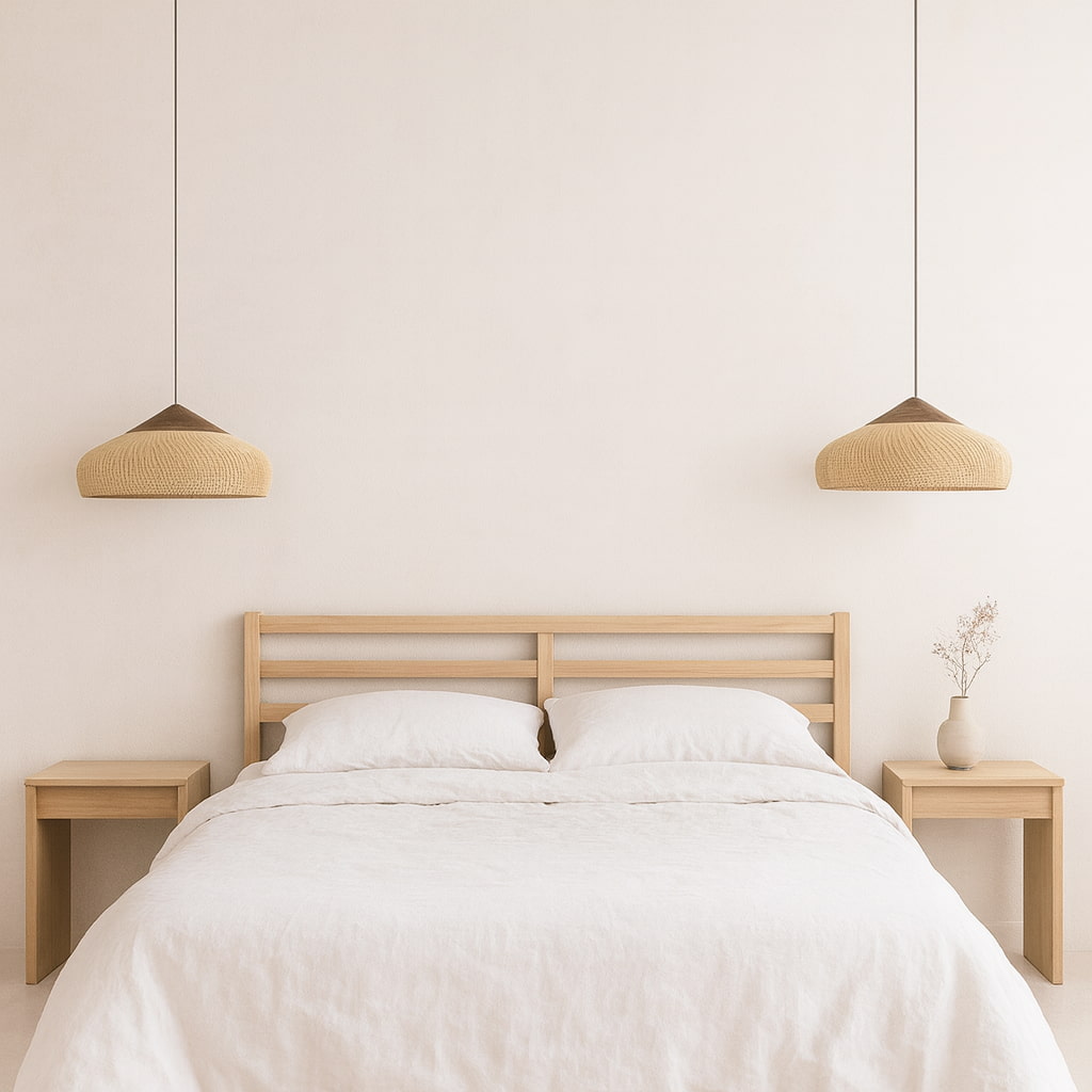 Chambre minimaliste avec lit, tables de nuit et lampe japonaise suspendue traditionnelle