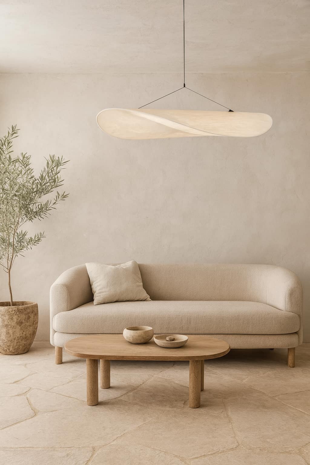 Salon minimaliste avec canapé beige, lampe papier style Noguchi suspendue et une plante