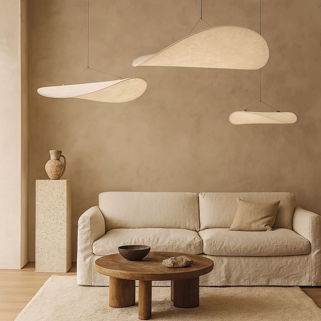 Canapé beige avec table basse en bois et suspensions japonaises en papier dans un salon aux murs beiges