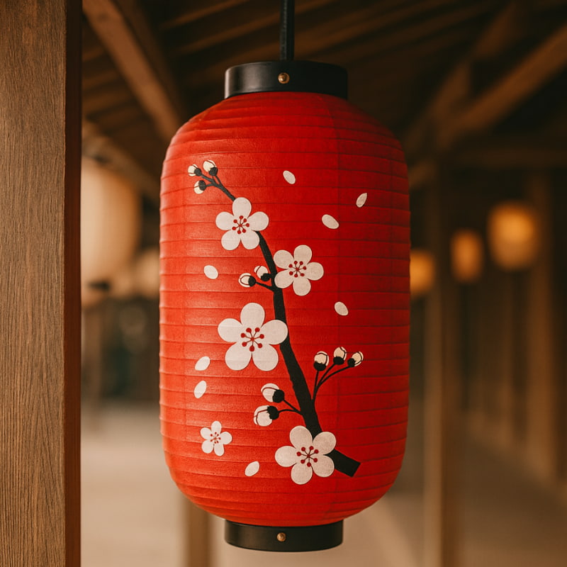 Lanterne Chochin Fleurs suspendue illuminant un jardin japonais le soir