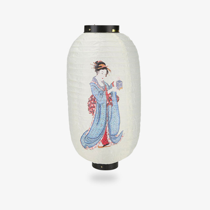 La lanterne geisha est une lanterne en papier japonaise de style Chochin, ornée d'une délicate illustration de geisha, apportant un charme traditionnel à toute pièce