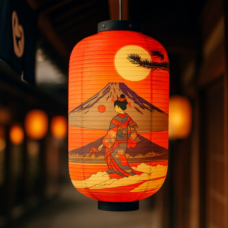 Lanterne japonaise rouge avec motif geisha suspendue