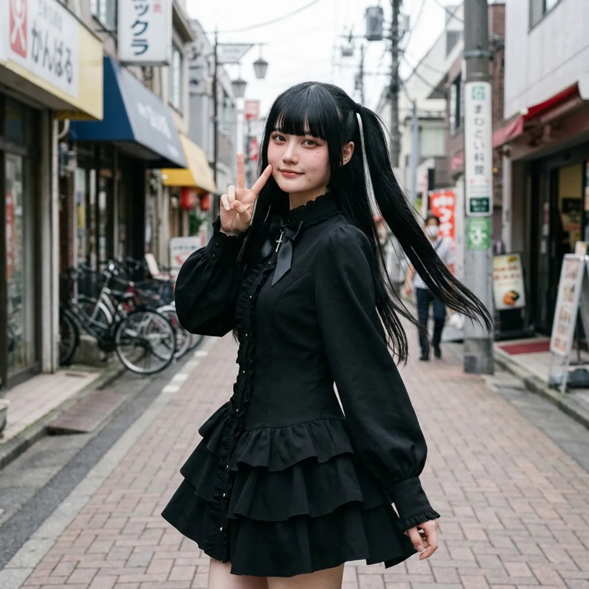 Style de rue goth à Harajuku, manches bouffantes et volants étagés capturés en mouvement