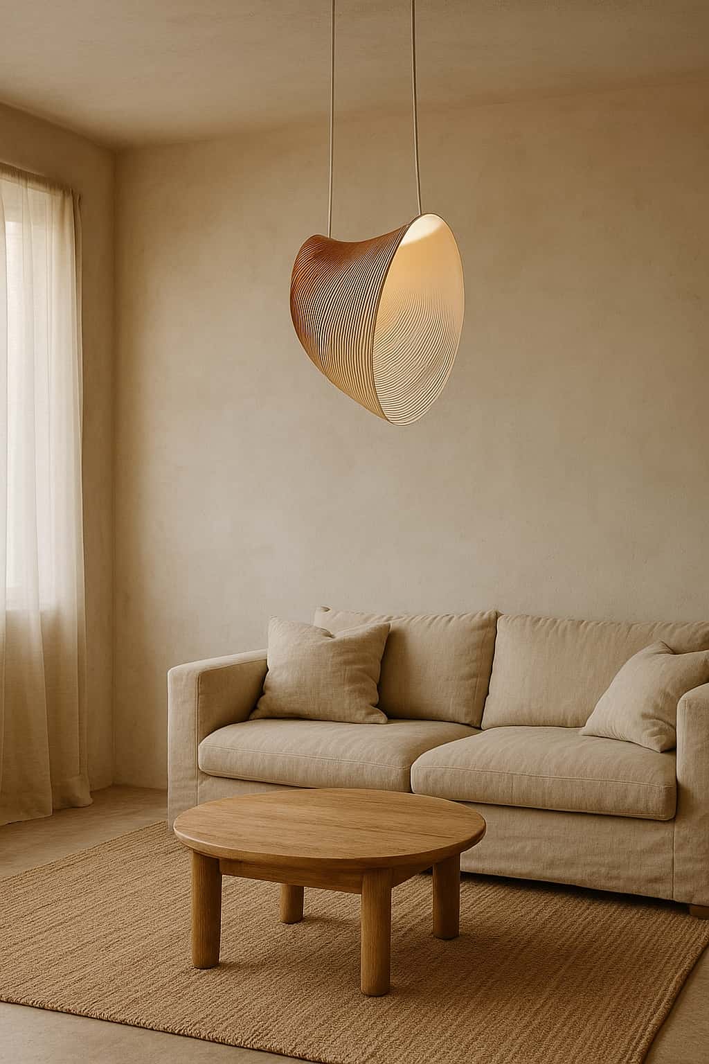 Salon beige avec canapé, table basse et lampe de style japonais au plafond