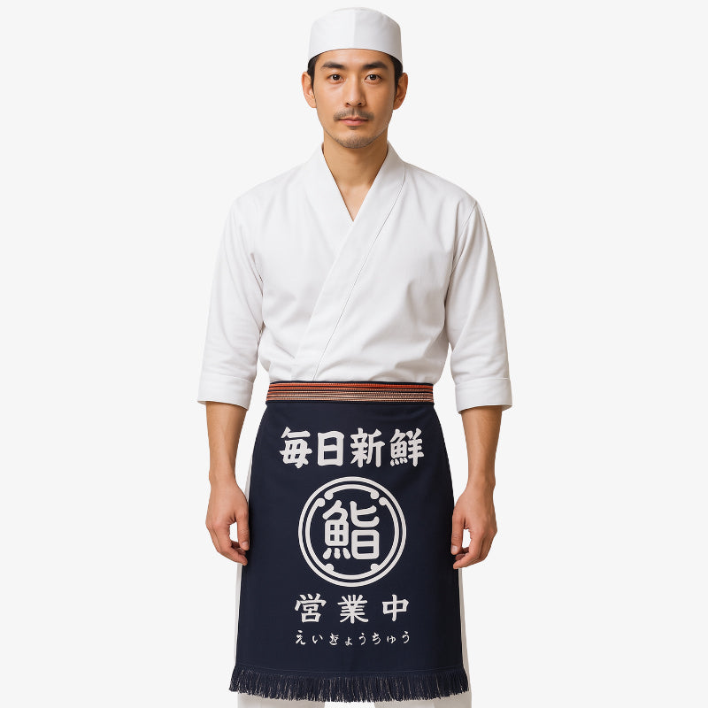 Maekake japonais en coton bleu marine orné de kanji blancs, idéal pour les passionnés de cuisine japonaise