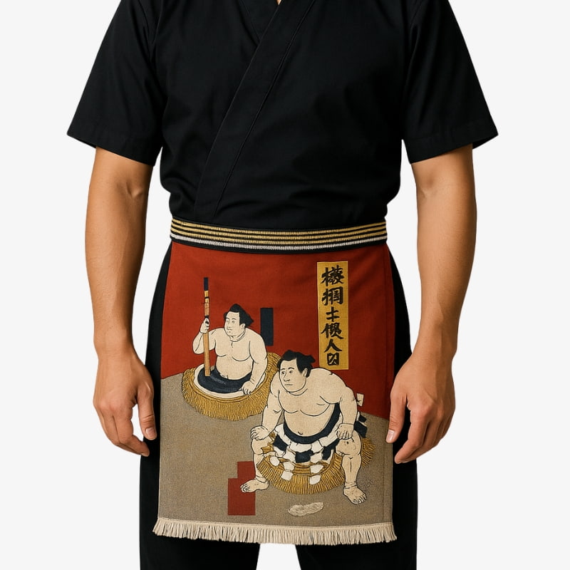 Tablier japonais en coton bleu marine avec motif ukiyo-e sumo, pour les passionnés d'arts culinaires japonais