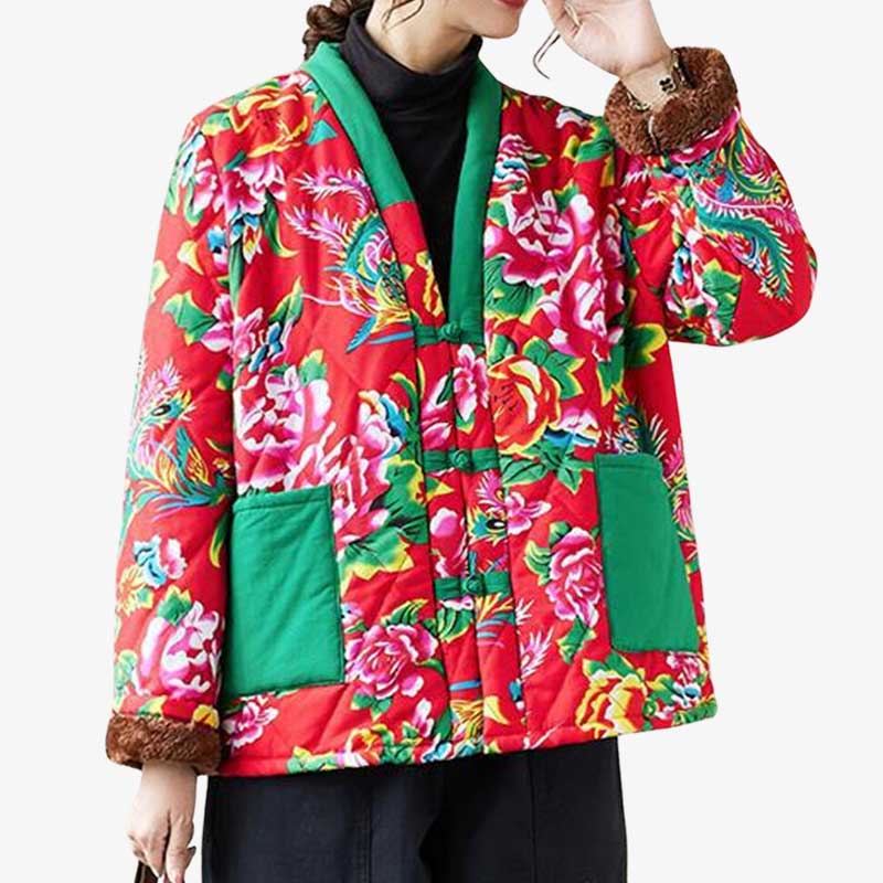 Ce manteau style japonais traditionnel est une veste de kimono hanten aux motifs floraux
