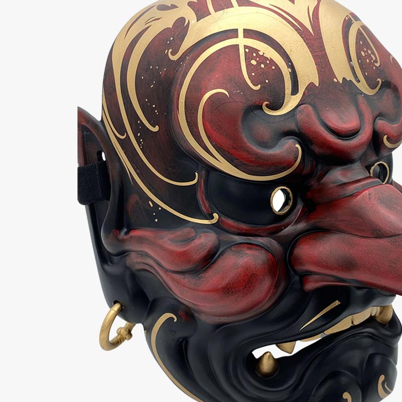 Masque de théâtre japonais en résine noire, rouge et or, artisanat traditionnel