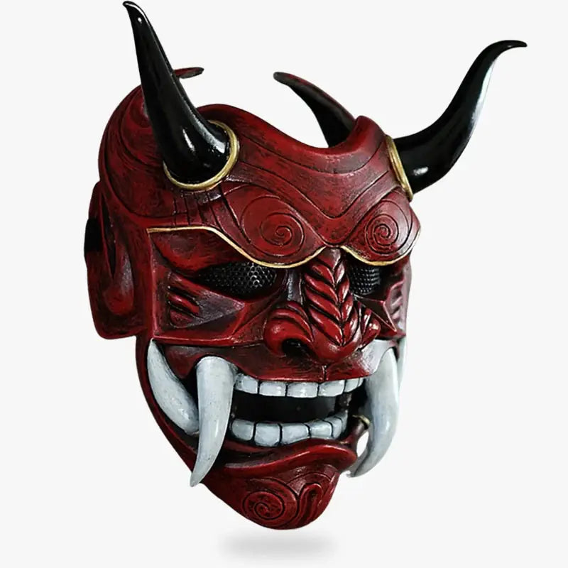 Ce masque oni japonais est une pièce artisanale unique, fabriquée en fibre de verre et bois, peinte et sculptée à la main pour refléter les mythes japonais.