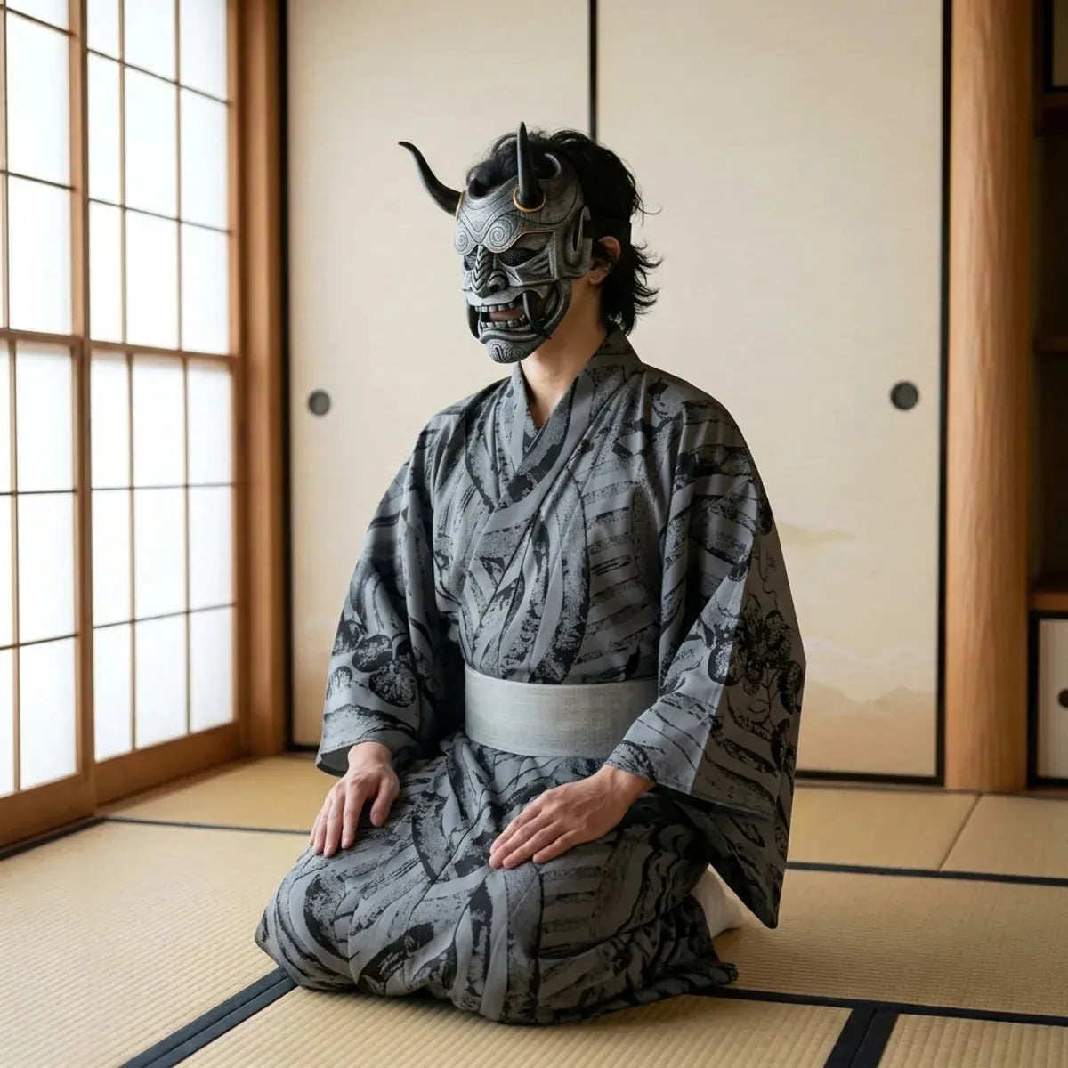 Masque de démon gris japonais vu de trois quarts, porté agenouille sur un tatami avec un kimono gris a motifs de pinceau.