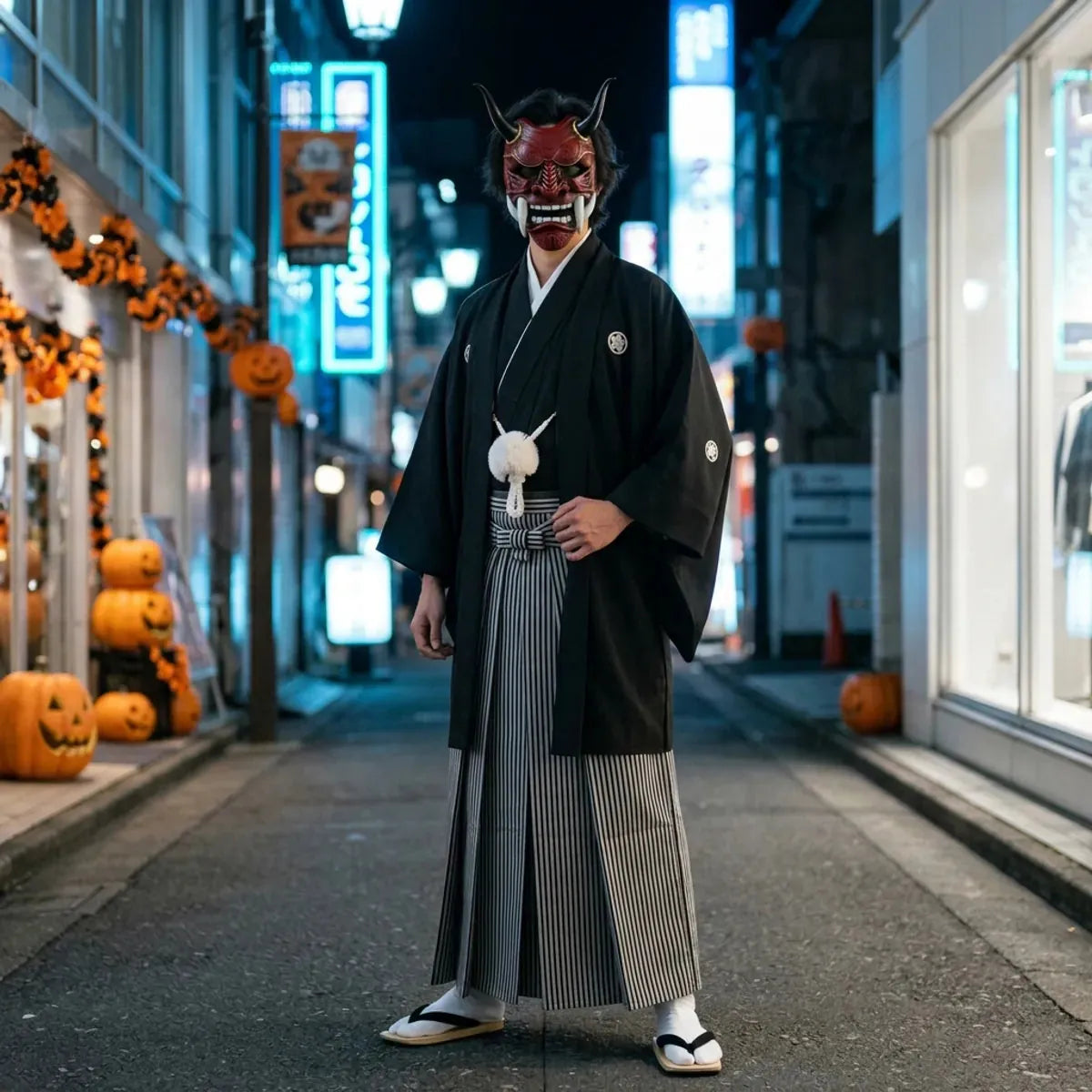 Masque démon oni d'Halloween porté en tenue complète avec kimono noir et hakama rayé dans une rue de Tokyo déserte la nuit.