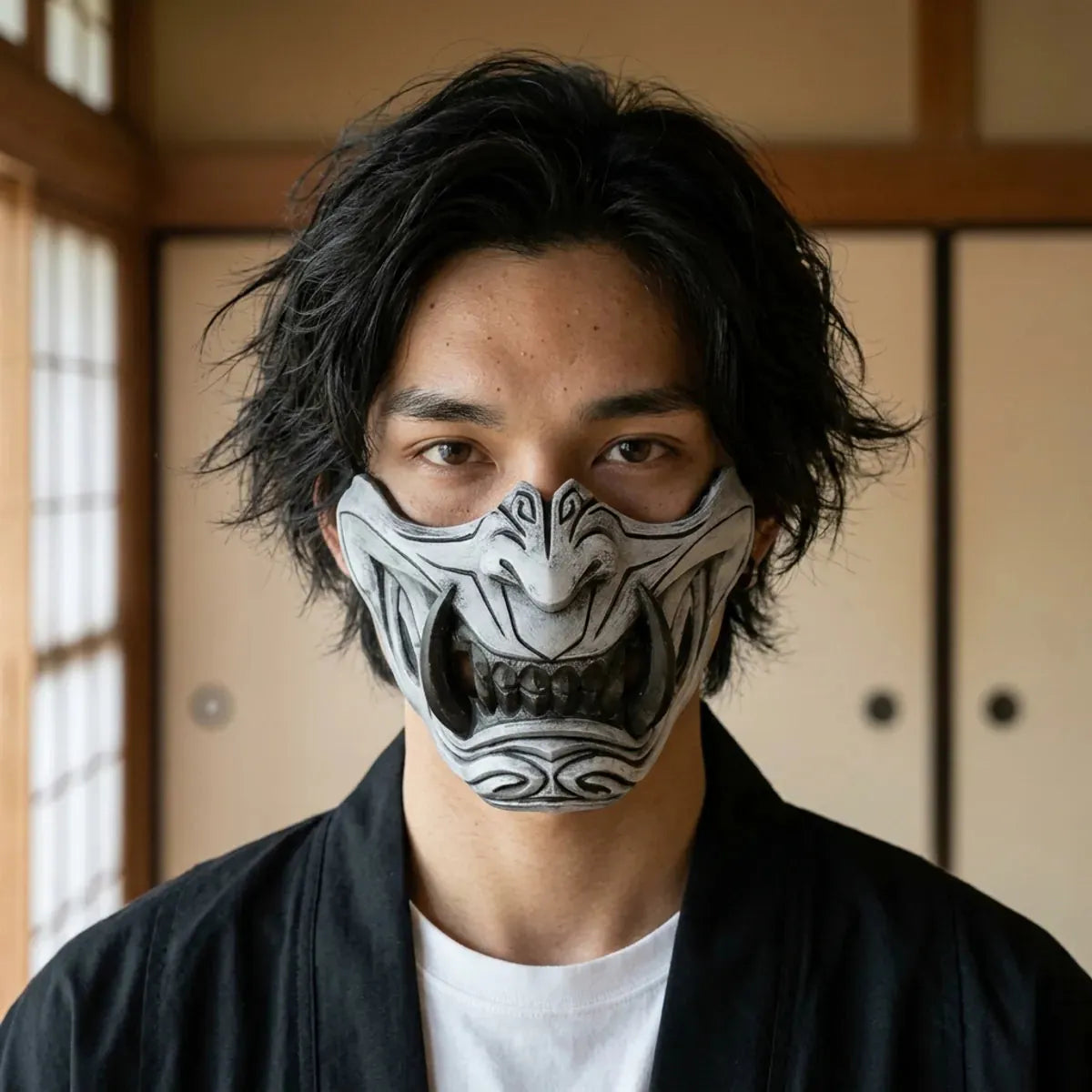 Gros plan du masque menpo samouraï porté dans une pièce japonaise en tatami, avec les détails peints sous des yeux calmes et sombres
