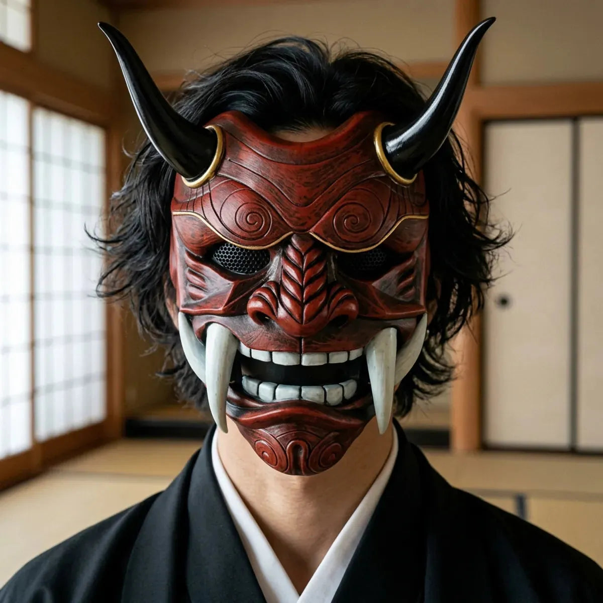 Gros plan du masque démon intégral rouge aux cornes noires et crocs ivoire, porté avec un kimono noir dans une pièce en tatami.