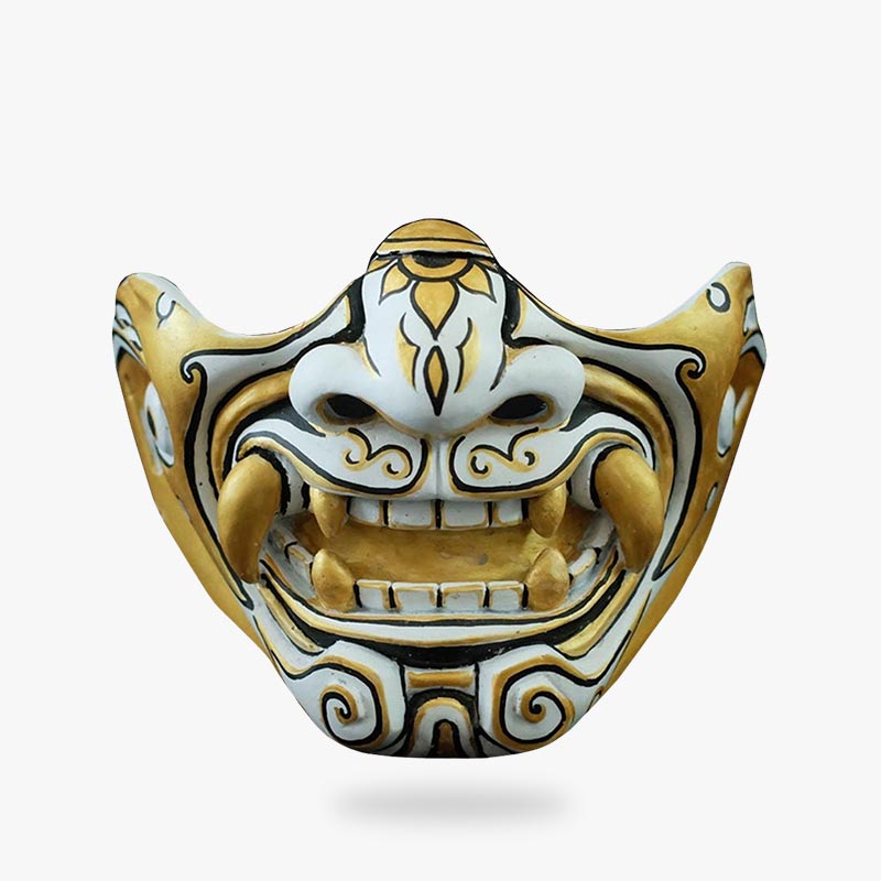 Masque oni doré japonais fait main en fibre de verre