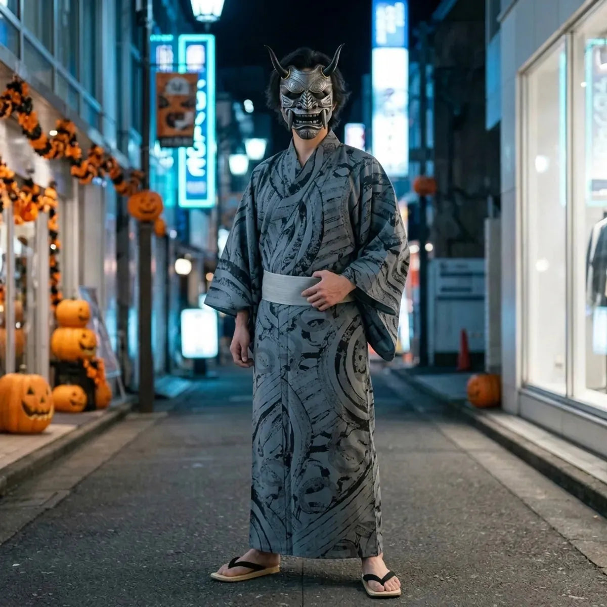 Masque oni gris d'Halloween porte en pied avec un kimono gris a motifs de pinceau dans une rue vide de Tokyo la nuit.